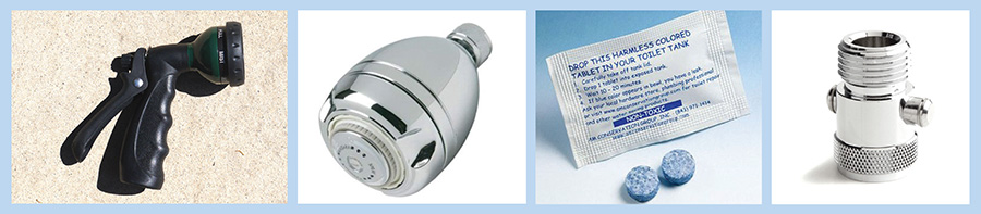 Water Saving Devices including hose nozzle, shower head, leak detection tablets and shower head shutoff valve.