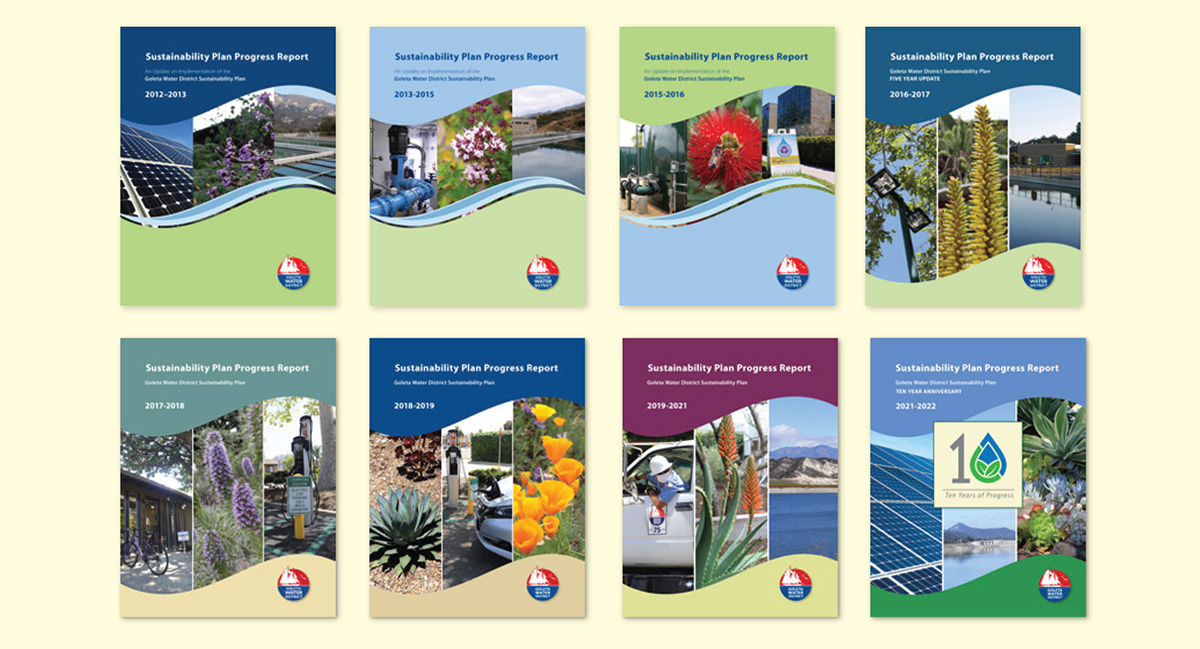 Photo graphic of the Sustainability Progress Report covers.